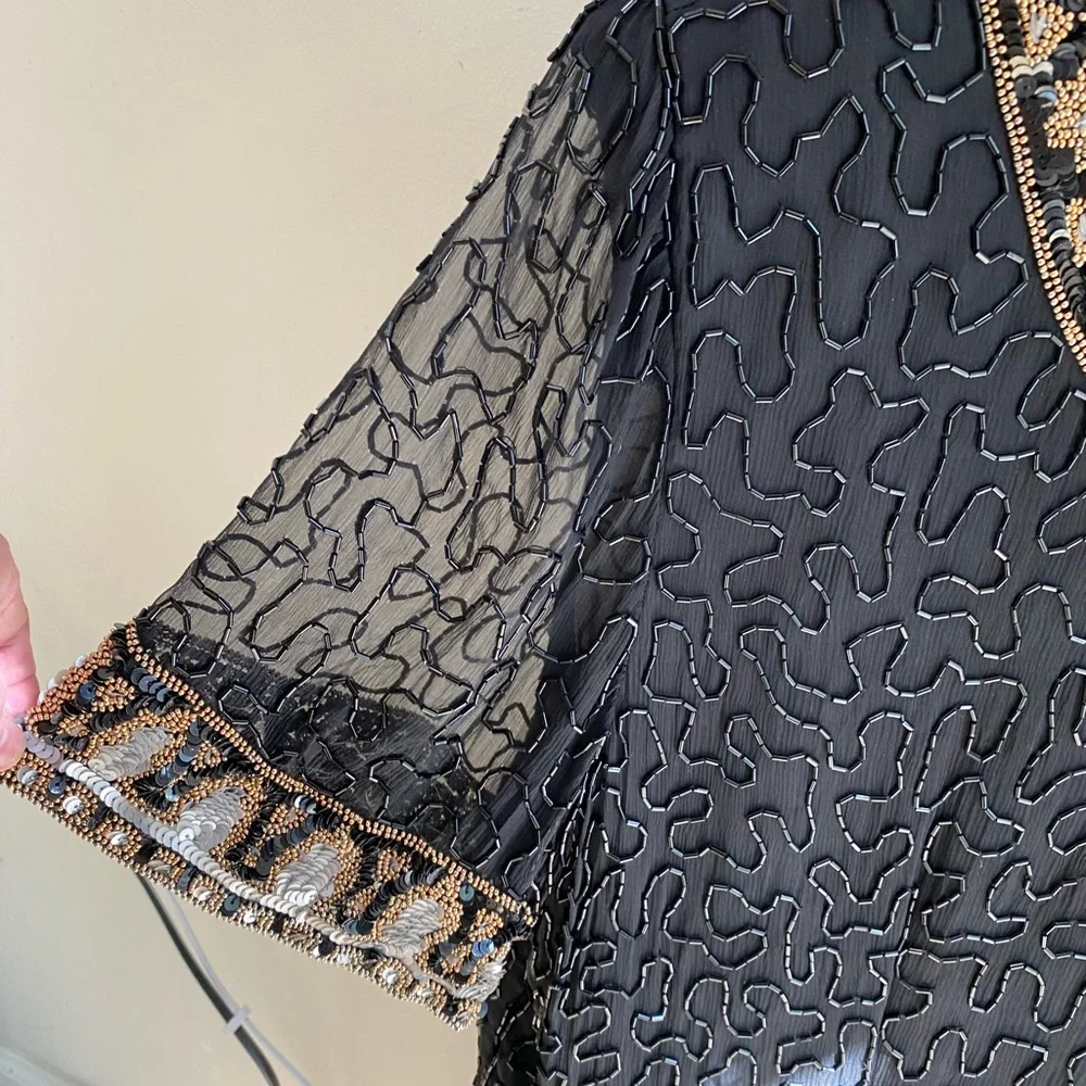 Vintage Beaded Cocktail Dress, 100% Black Silk, Beads & Sequins,by L Kazar,NY,2X - Picture 12 of 14